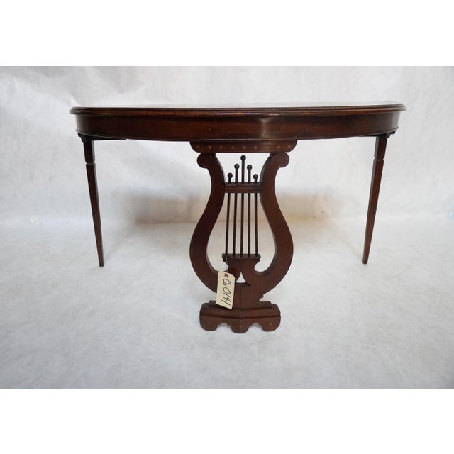 Victorian Mid 20th Century Pair of Demilune Consoles With Harp / Lyre Detail For Sale - Image 3 of 18