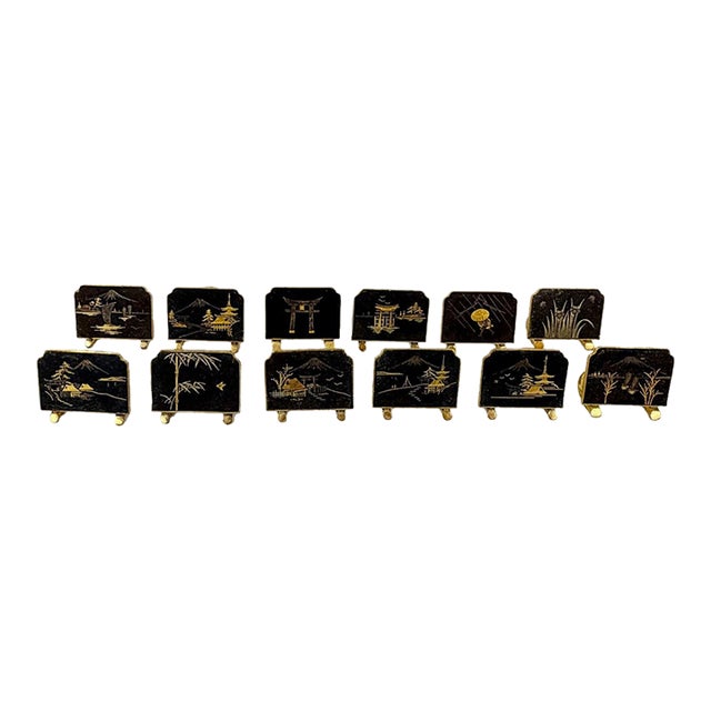 Mid 20th Century Japanese Damascene Mixed Metal Napkin Rings & Place Card Holders - Set of 12 For Sale