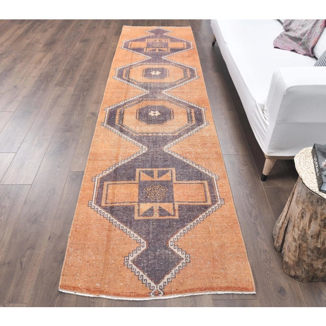 Turkish 2'9x11'4 Vintage Orange Geometric Turkish Hand-Knotted Runner Rug For Sale - Image 3 of 9