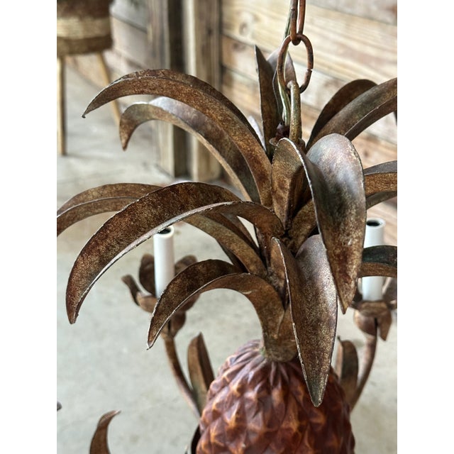 Vintage Tole Pineapple Five-Light Chandelier With Gilt Metal Leaves For Sale In Naples, FL - Image 6 of 12