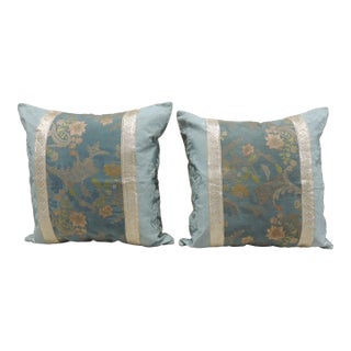 Antique Blue & Gold Silk Embroidery Square Decorative Pillows - Set of 2 For Sale