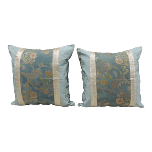 Antique Blue & Gold Silk Embroidery Square Decorative Pillows - Set of 2