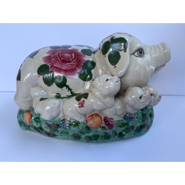 Vintage 1950s Italian Majolica Pig With Seven Piglets Hand-Painted Ceramic Sculpture For Sale - Image 4 of 10