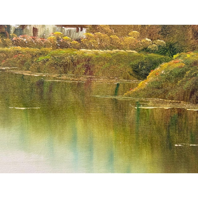 Textile Golden haze settles on calm waters, holding a cottage in quiet reverie 1975 Circa For Sale - Image 7 of 18