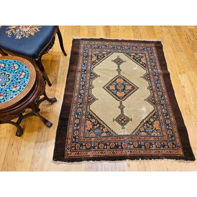 Antique Persian Serab Area Rug, Hand-Knotted Wool, Geometric Medallion Pattern, Camel Hair & Brown, 4x5 For Sale - Image 4 of 18