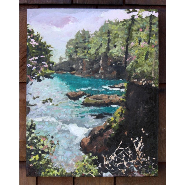 Contemporary Cape Flattery 1 by Carrie Goller | Oil and Cold Wax on Wood Panel Landscape with water and greenery For Sale - Image 3 of 3