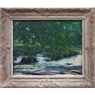 Clarence Bolton "The Brook" Green and Blue Abstract Impressionist Waterscape Painting, Mid-20th Century For Sale
