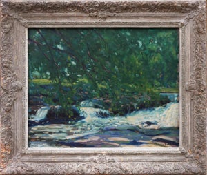 Clarence Bolton "The Brook" Green and Blue Abstract Impressionist Waterscape Painting, Mid-20th Century