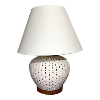 Vintage Ralph Lauren Designer Perforated White Ceramic Lamp W/ Shade For Sale