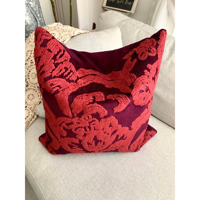 2010s Discontinued Pottery Barn Natalia Damask Chenille Red Pillow Covers 22x22 For Sale - Image 5 of 12