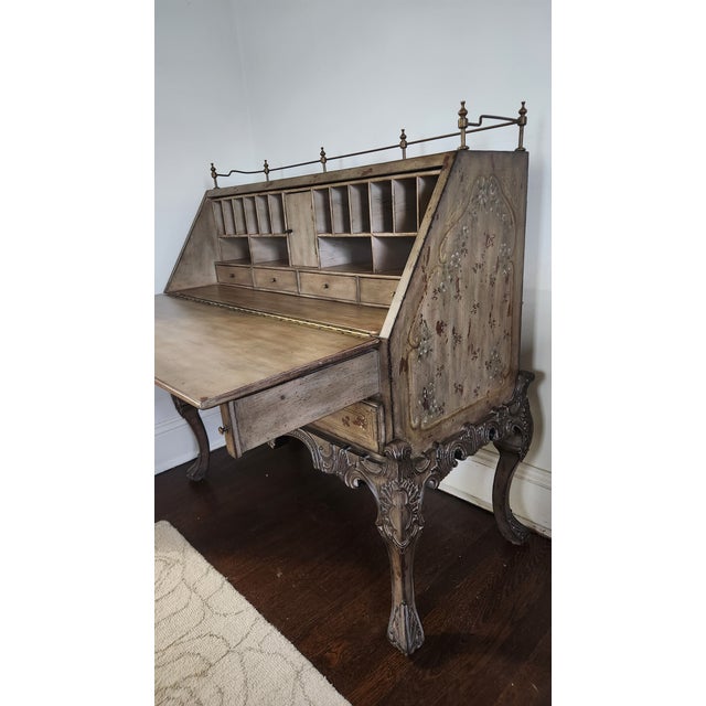 1990s Lillian August French Provincial Painted Floral Slant-Front Secretary Desk With Brass Gallery For Sale - Image 15 of 18