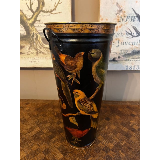 Vintage English Planter Jardiniere Urn Bird Decoupage Black Tole Aviary Décor For Sale - Image 4 of 18