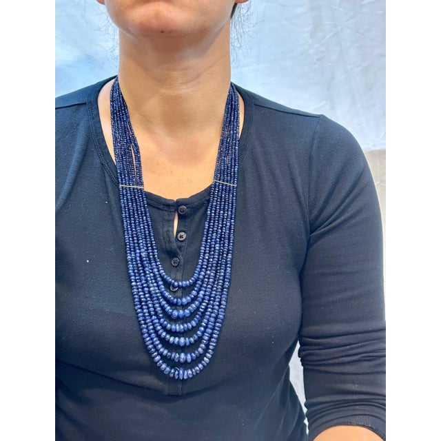 760 Carat Natural Sapphire Bead Seven Strand Necklace 14K Gold With Spacer 28" For Sale - Image 4 of 18