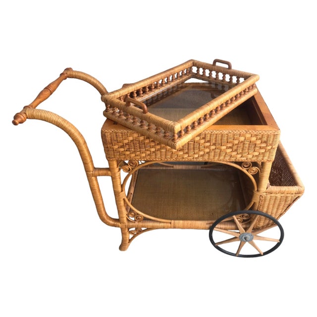 Victorian Rare Early 1900’s Heywood Wakefield Rattan & Cane Serving Tea Bar Cart For Sale - Image 3 of 12