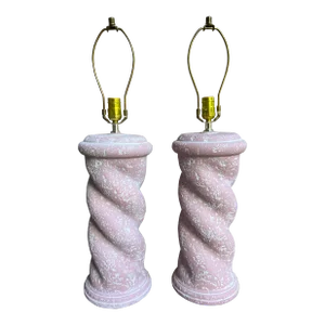 Vintage Postmodern Michael Taylor Style Plaster Pink Mauve Spiral Column Twist Table Lamps - a Pair
