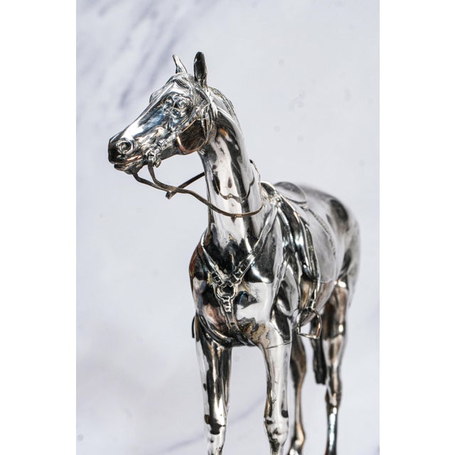 Metal Early 20th Century Silverplate Antique Horse Equestrian Statue Sculpture Trophy Marble Base For Sale - Image 7 of 17