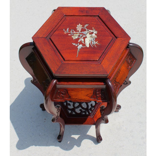 Chinese Vintage Chinese Rosewood Hexagonal Plant Stand / Pedestal With Mother-of-Pearl Inlay For Sale - Image 3 of 16
