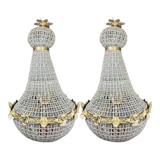 Pair of Vintage French Louis XVI Bronze Chandeliers With Gold Leaf Finish and 6-Light Design For Sale