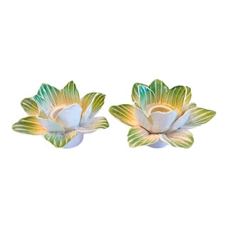 Pair of Ceramic Cabbage Leaf Candlesticks For Sale