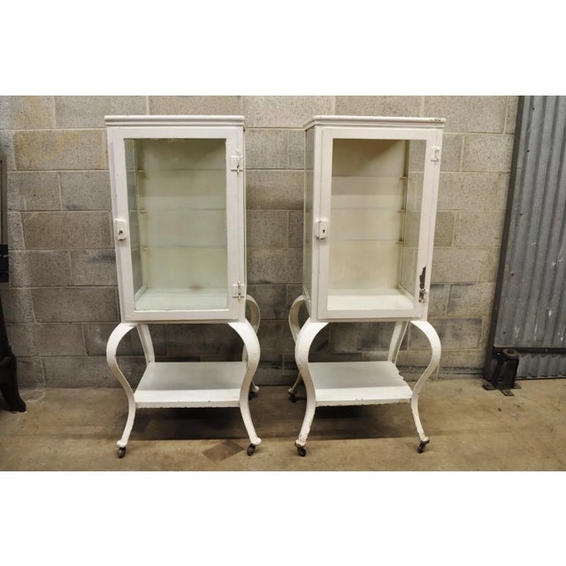 Antique Art Deco Cabriole Leg Steel Metal Medical Dental Pharmacy Cabinet - Pair For Sale - Image 4 of 12