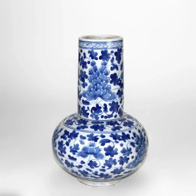 1930s Antique Asian Blue & White Porcelain Bottle Vase, Signed Circa 1930 For Sale - Image 5 of 7
