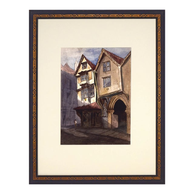 Antique English Watercolor Painting of Tudor House Cityscape Late 19th Century For Sale
