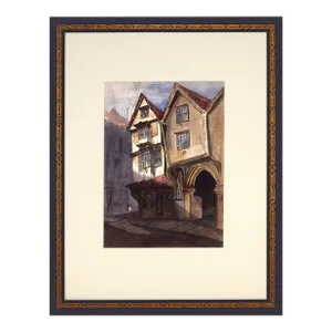 Antique English Watercolor Painting of Tudor House Cityscape Late 19th Century