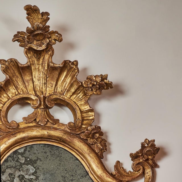 Pair of carved, gessoed and gilded framed mirrors. Original mirror with age appropriate spotting and loss of silvering to...