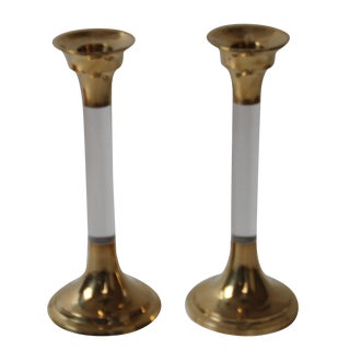 Brass & Lucite Candleholders - A Pair For Sale