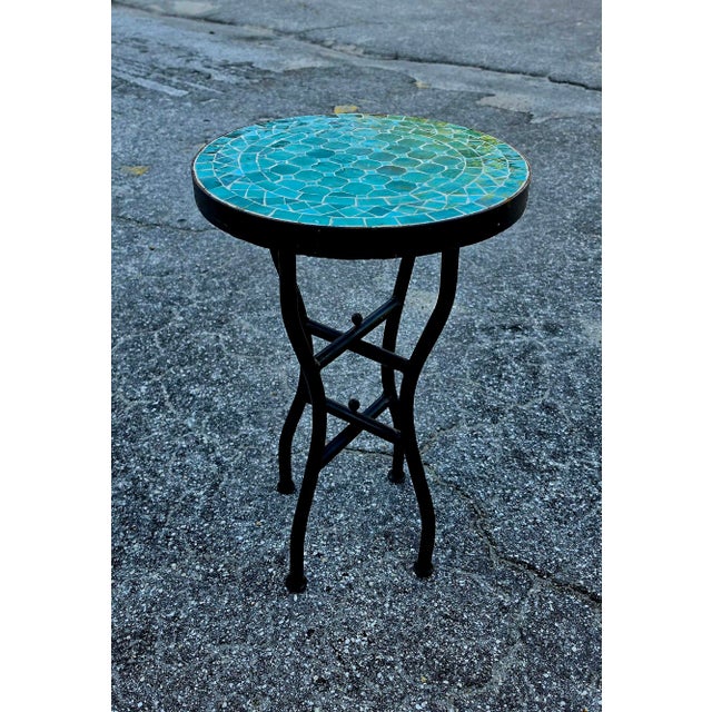 Moroccan 16" Mini Moroccan Mosaic Accent Table – Emerald Aqua Tile Top For Sale - Image 3 of 9