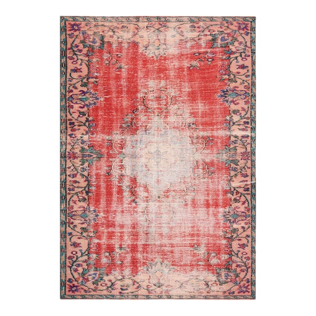 1970s Vintage Turkish Handmade Wool Cotton Red Area Rug For Sale