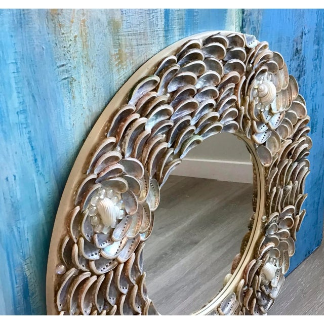 2020s Rosettes on Round Mirror with Silver and White Seashells For Sale - Image 5 of 11
