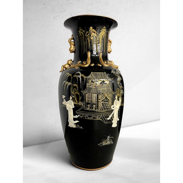 Chinoiserie Pair of Monumental Chinoiserie Black & Gilt Figural Floor Vases, 36” For Sale - Image 3 of 8