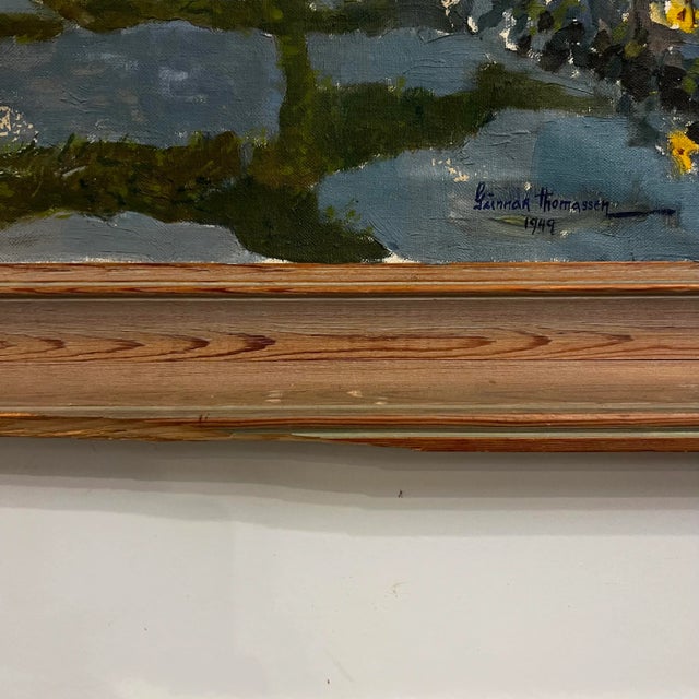 Blue Mid Century Courtyard Oil Painting Husband and Wife For Sale - Image 8 of 12