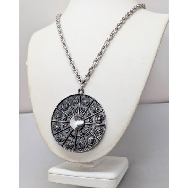 1970s Vintage 1970s Signed Napier Silvertone Round Horoscope Pendant Necklace For Sale - Image 5 of 18