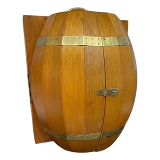 1960s Mid-Century Japanese Teak Barrel Mini Bar Cabinet With Brass Details For Sale