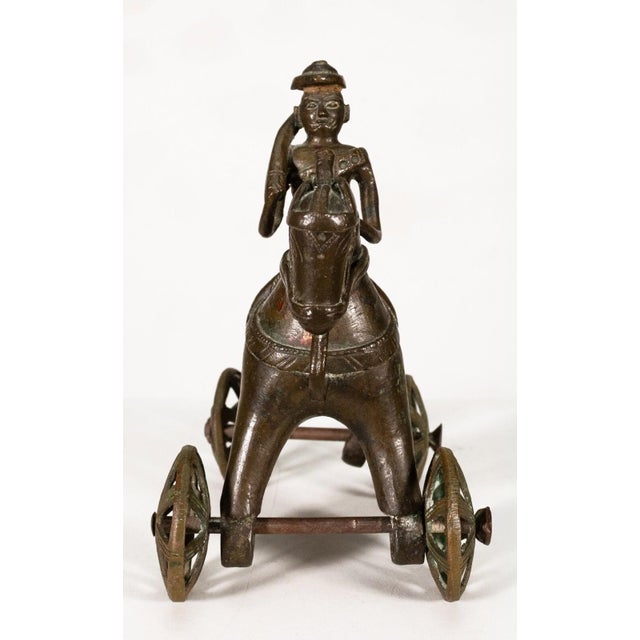 Antique Indian Horse Rider on Wheels & Peacock Bronze Sculpture 20th Century For Sale - Image 4 of 9