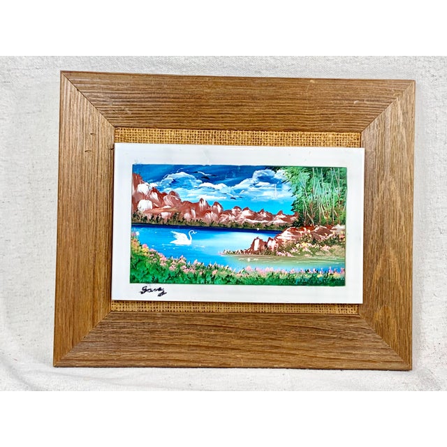 : Vintage framed tile. Tile features a signed painting of a landscape. Thick strokes with an impressionist feel. Colorful...