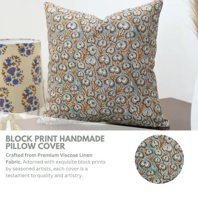 Heartvine block print handmade cushion cover. Crafted from breathable viscose linen, this design features delicate vine-...