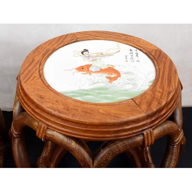 Late 20th Century Pair of Bentwood Drum Stools With Inset Porcelain Top For Sale - Image 4 of 9