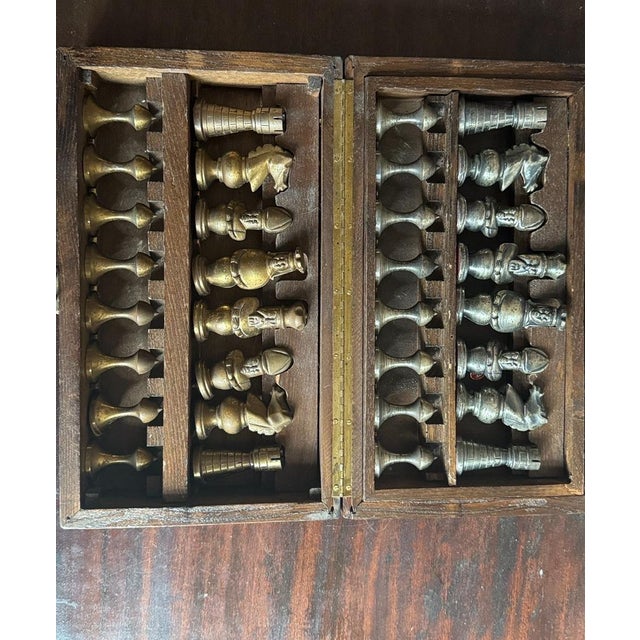 Mid-Century Modern Mid-Century Medieval-Style Cast Metal Chess Set With Hardwood Board and Hand-Carved Storage Box For Sale - Image 3 of 14