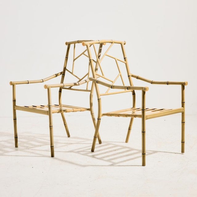 A garden armchair made of metal with a bamboo-effect finish from the 2000s. The chair is stackable and the seat is covered...