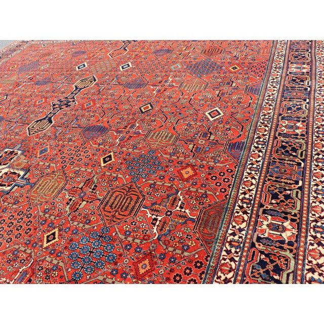 Antique Joshegan Rug With Rich Red Field, Geometric Motifs and Navy Borders 12 X 16'5 For Sale In Atlanta - Image 6 of 16