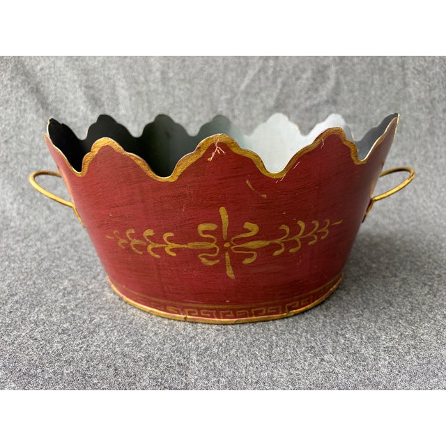 Vintage Maroon Gold Hand Painted French Tole Cachepot For Sale - Image 10 of 13