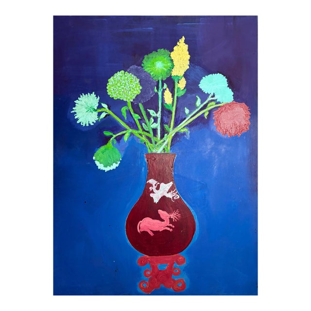Large Vintage Acrylic Still Life Painting on Canvas For Sale