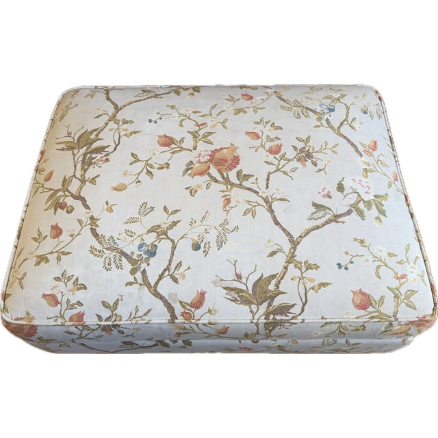 Sky Blue Custom Tufted Scalamandre Light Blue Floral Lounge Chair and Ottoman For Sale - Image 8 of 18