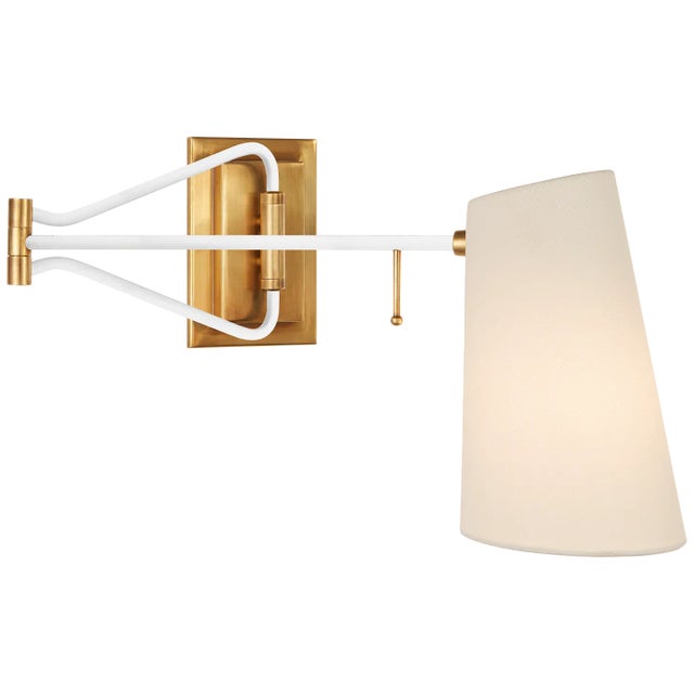 AERIN for Visual Comfort Signature Keil Swing Arm Wall Light in Hand-Rubbed Antique Brass & White with Linen Shade For Sale