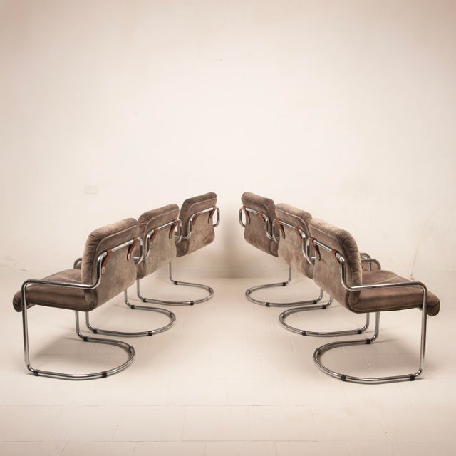 Italian Astro Chrome and Taupe Suede Armchairs by Guido Faleschini for I4 Mariani, 1979, Set of 6 For Sale - Image 3 of 18