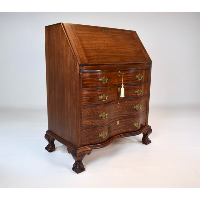 English Chippendale Mahogany Secretary Slant Top Desk, 1920's For Sale - Image 3 of 16