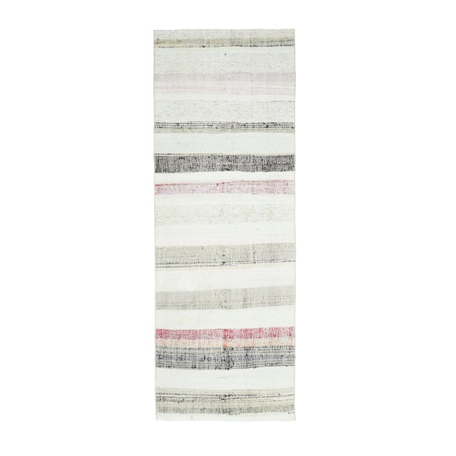 Vintage Turkish Hand-Knotted Wool Cotton White Kilim Runner Rug For Sale - Image 10 of 10